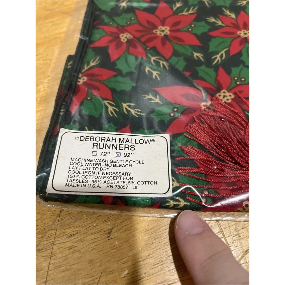 Deborah Mallow Poinsettia Christmas Table Runner Holiday Red Green tassel 12x92